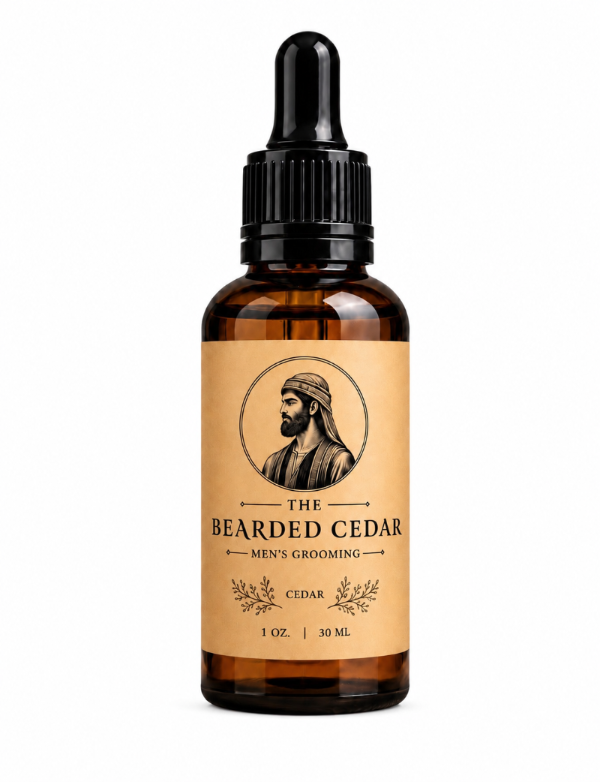 Cedar beard oil bottle by The Bearded Cedar with premium woodsy scent