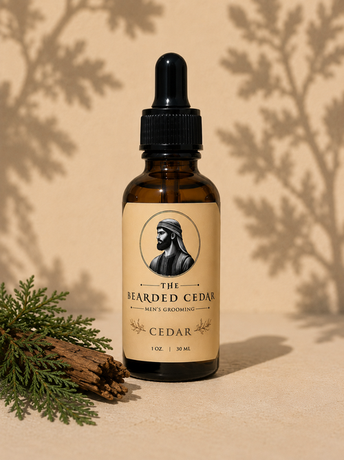 Cedar beard oil bottle by The Bearded Cedar with premium woodsy scent