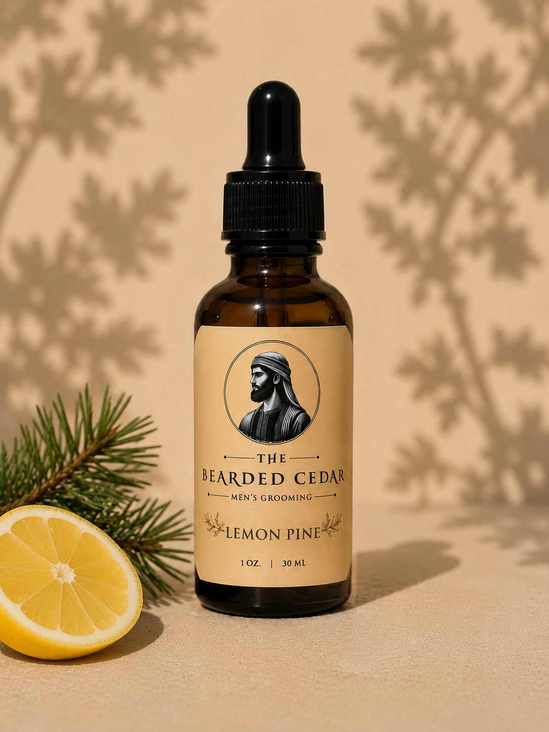 Lemon pine beard oil bottle with refreshing citrus and pine scent