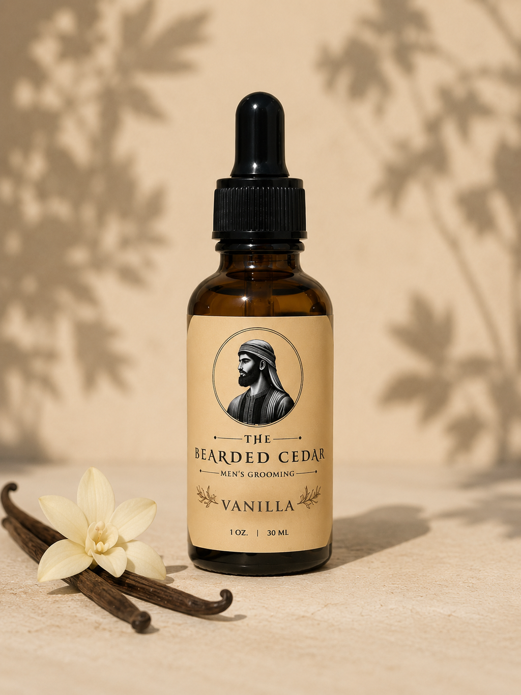 Vanilla beard oil bottle for soft, shiny and healthy beard care